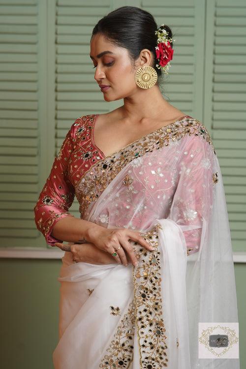 White Organza Sheesh Mahal Saree