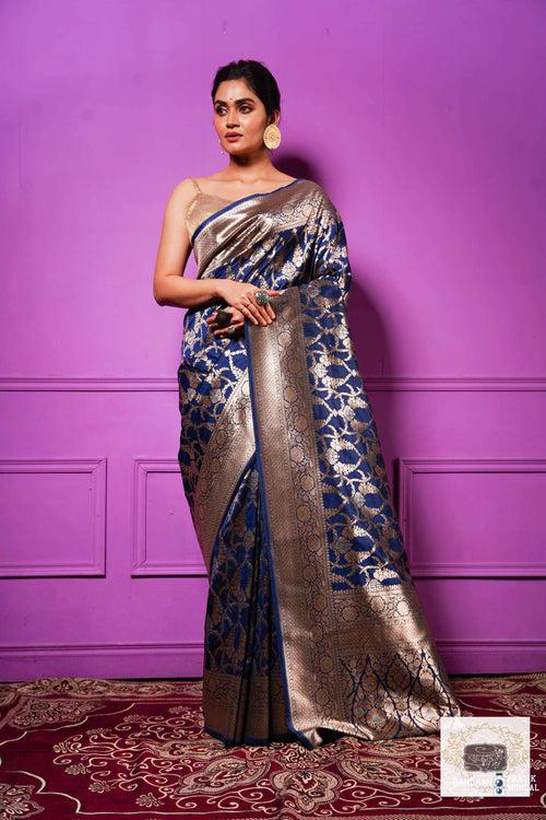 Navy Blue Banarasi Saree with Zari work