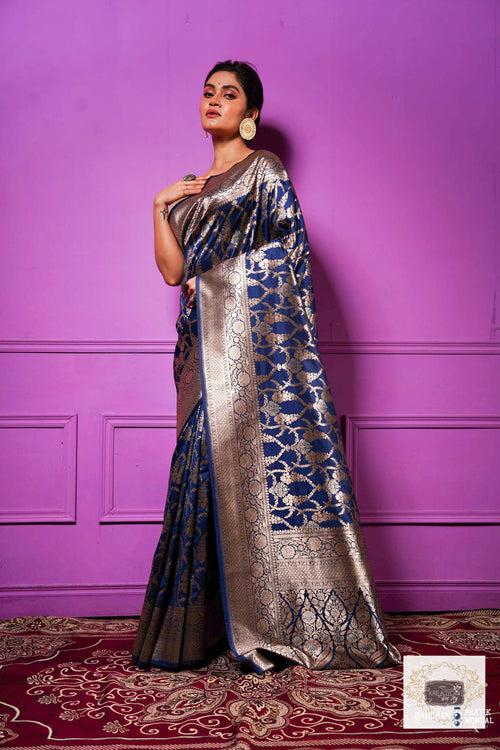 Navy Blue Banarasi Saree with Zari work