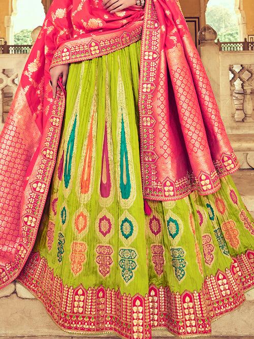 Green-Pink Heavy Embroidered Gota Pati Work Banarasi Silk Semi-Stitched Lehenga Choli