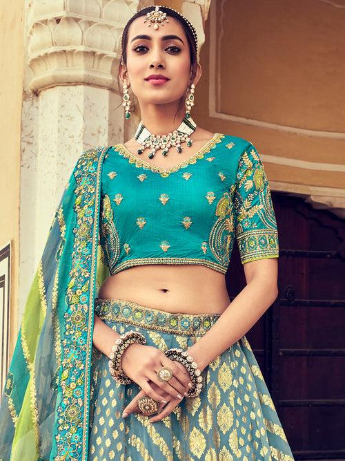 Blue-Green Heavy Gota Pati Patch Hand Work Banarasi Silk Semi Stitched Lehenga Choli