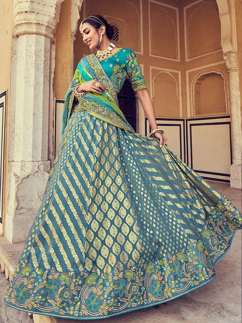 Blue-Green Heavy Gota Pati Patch Hand Work Banarasi Silk Semi Stitched Lehenga Choli