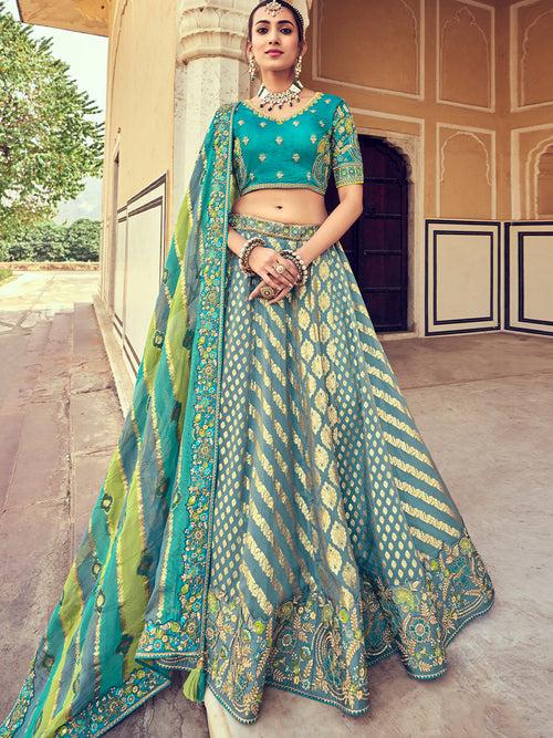 Blue-Green Heavy Gota Pati Patch Hand Work Banarasi Silk Semi Stitched Lehenga Choli