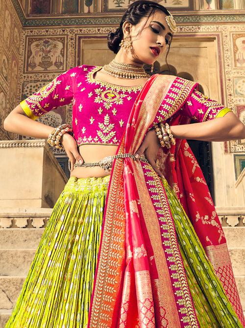 Green-Multi Heavy Embroidered Gota Pati Work Banarasi Silk Semi-Stitched Lehenga Choli