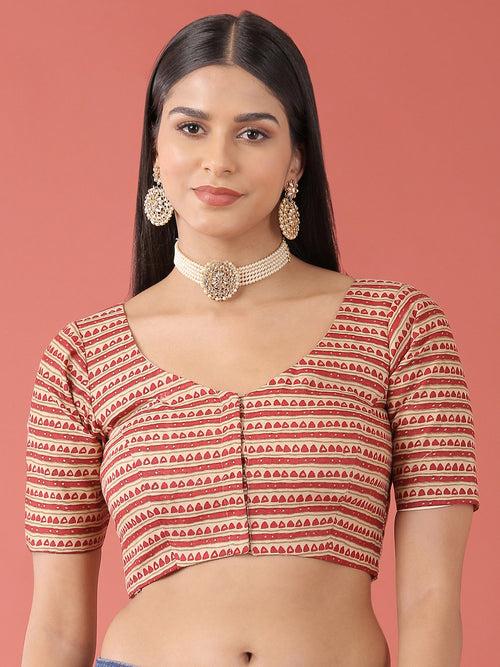 Maroon-Toned Cotton Silk Tribal Pattern Print Readymade Blouse