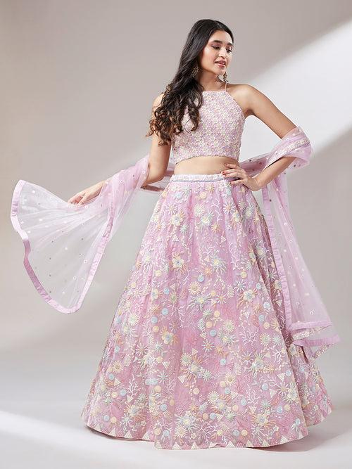 Net Multi-Sequins Work Semi-Stitched Lehenga