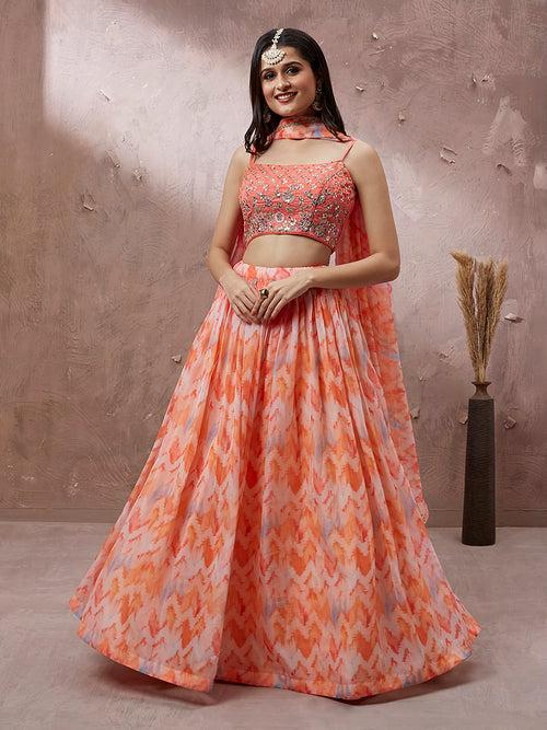 Peach Organza Floral Printed Semi-Stitched Lehenga choli