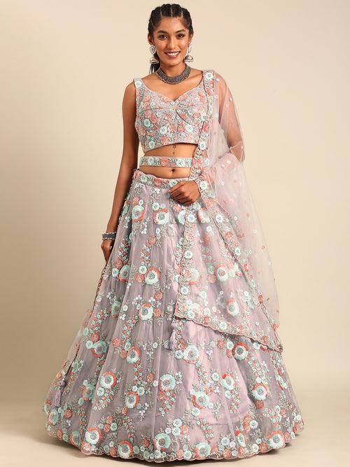 Multi Color Sequins,Thread,Coding Net Embroidered Semi Stitched Lehenga