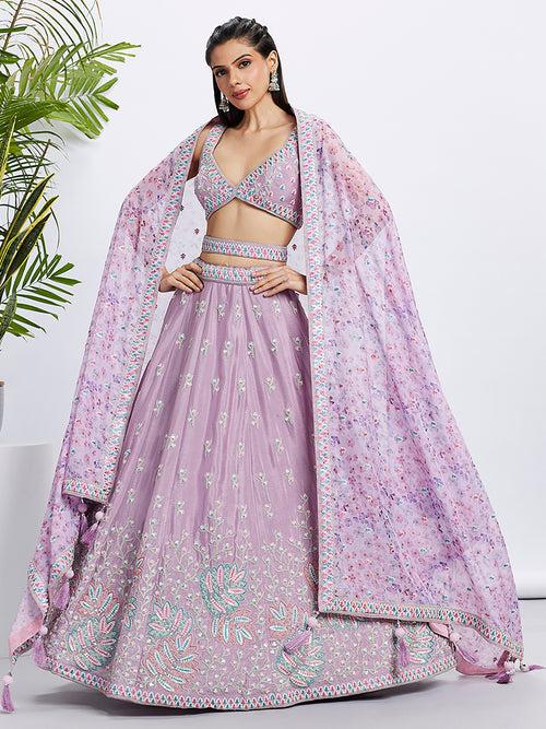 Multi Thread-Sequins,Zarkan Chiffon Embroidered Semi-Stitched Lehenga choli