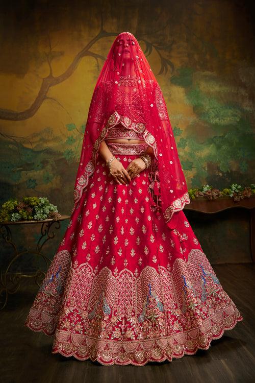 Pure Silk Moti & Zarkan Heavy Embroidery Semi-Stitched Bridal Lehenga choli