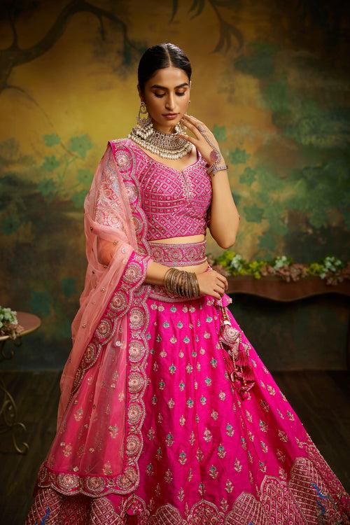 Pure Silk Moti & Zarkan Heavy Embroidery Semi-Stitched Bridal Lehenga choli