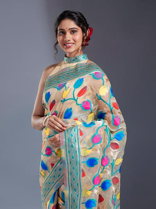 Organza Paisley Zari with Beautiful Jamdani Banarasi Saree