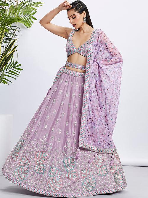 Multi Thread-Sequins,Zarkan Chiffon Embroidered Semi-Stitched Lehenga choli