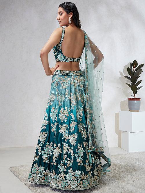 Shaded Teal Color Chiffon Double Color Sequin Embroidered Semi-Stitched Lehenga