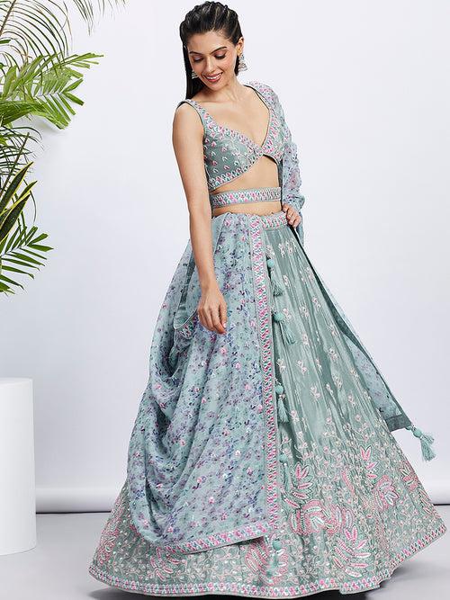 Multi Thread-Sequins,Zarkan Chiffon Embroidered Semi-Stitched Lehenga choli