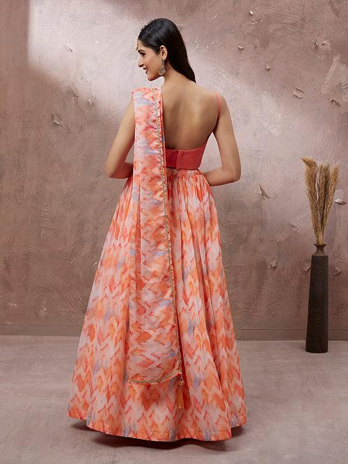 Peach Organza Floral Printed Semi-Stitched Lehenga choli