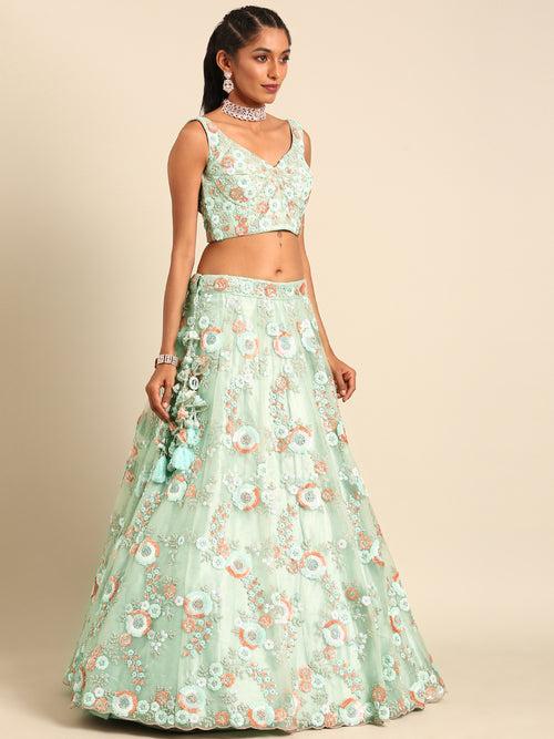 Multi Color Sequins,Thread,Coding Net Embroidered Semi Stitched Lehenga