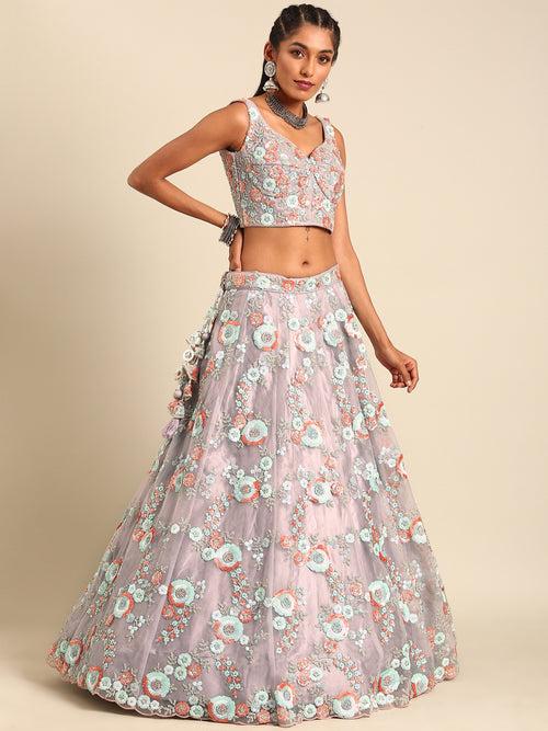 Multi Color Sequins,Thread,Coding Net Embroidered Semi Stitched Lehenga