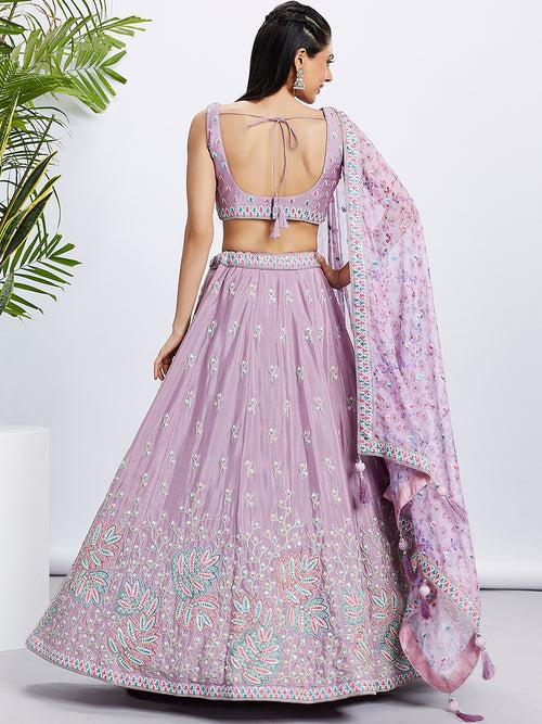 Multi Thread-Sequins,Zarkan Chiffon Embroidered Semi-Stitched Lehenga choli