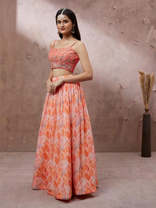 Peach Organza Floral Printed Semi-Stitched Lehenga choli