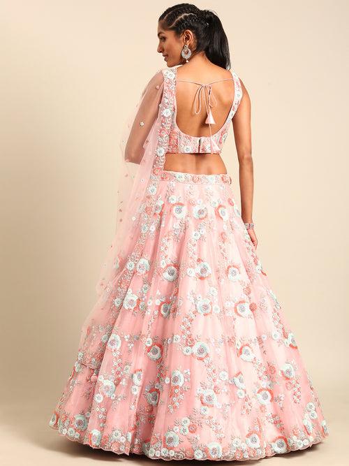 Multi Color Sequins,Thread,Coding Net Embroidered Semi Stitched Lehenga