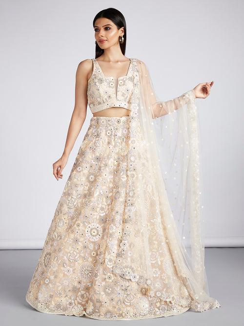 Net Heavy Sequined, Mirror and thread work embroidery Semi-Stitched Lehenga