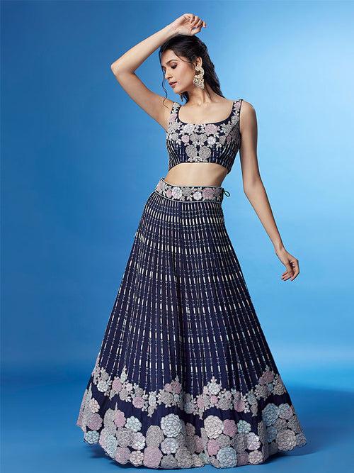 Navy Blue Color Georgette Multi-Sequins Work Semi-Stitched Lehenga