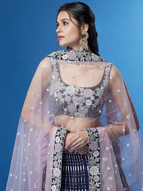 Navy Blue Color Georgette Multi-Sequins Work Semi-Stitched Lehenga