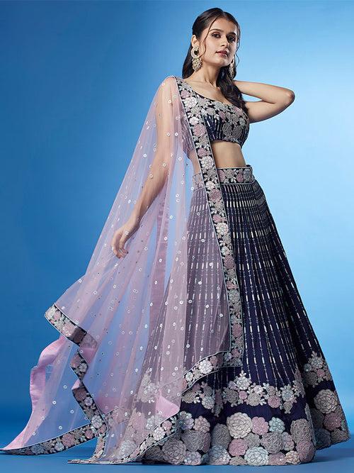 Navy Blue Color Georgette Multi-Sequins Work Semi-Stitched Lehenga