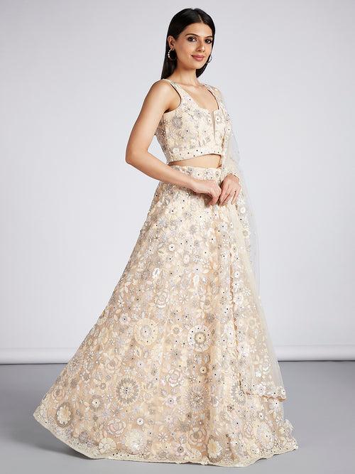Net Heavy Sequined, Mirror and thread work embroidery Semi-Stitched Lehenga