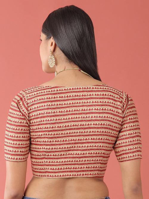 Maroon-Toned Cotton Silk Tribal Pattern Print Readymade Blouse