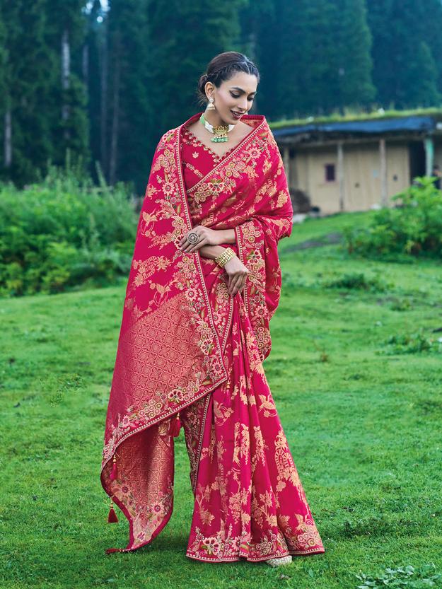 Rose Color Pure Dola Silk Patch Work Embroiderey Saree