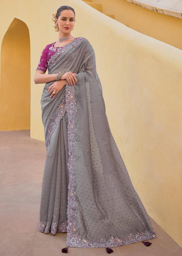 Grey Organza Silk Handwork Embroiderey Cut Work Border C-Pallu Saree