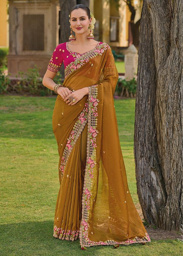 Mustard Organza Silk Handwork Embroiderey Cut Work Border C-Pallu Saree