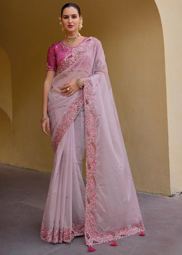 Light Pink Organza Silk Handwork Embroiderey Cut Work Border C-Pallu Saree