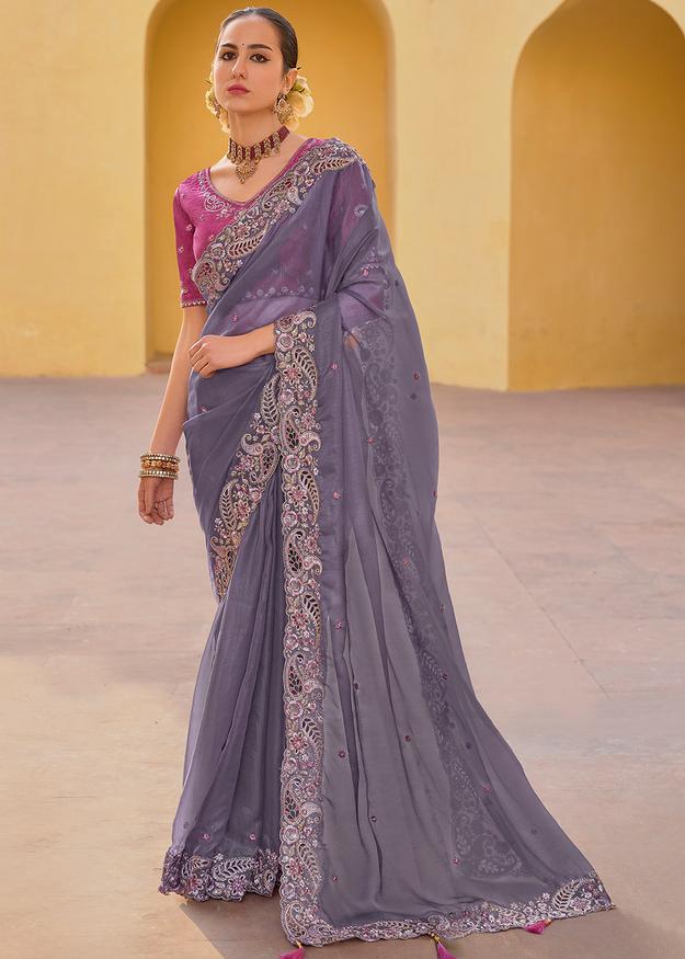 Grey Color Organza Silk Handwork Embroiderey Cut Work Border C-Pallu Saree