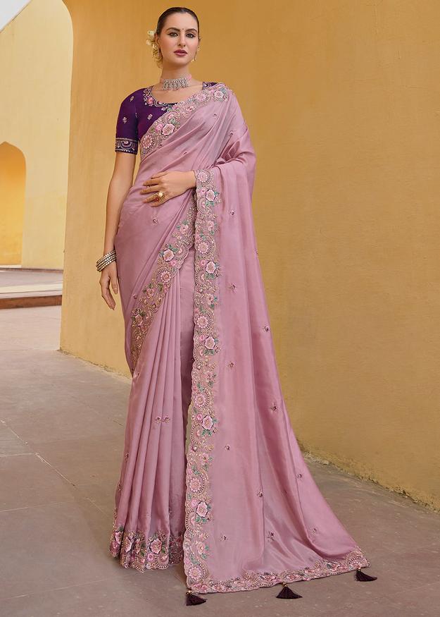 Light Pink Organza Silk Handwork Embroiderey Cut Work Border C-Pallu Saree