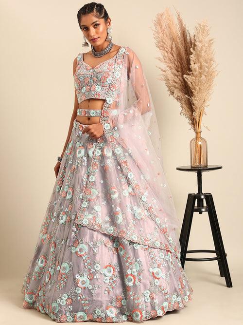 Multi Color Sequins,Thread,Coding Net Embroidered Semi Stitched Lehenga