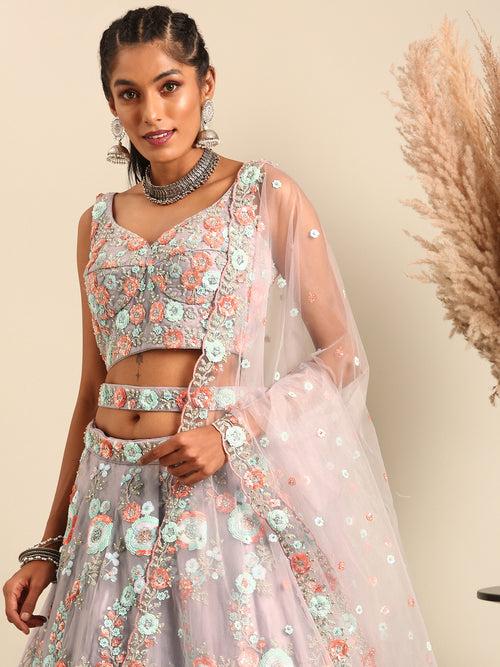 Multi Color Sequins,Thread,Coding Net Embroidered Semi Stitched Lehenga