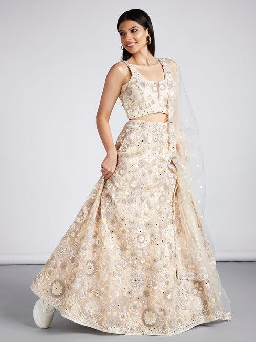 Net Heavy Sequined, Mirror and thread work embroidery Semi-Stitched Lehenga