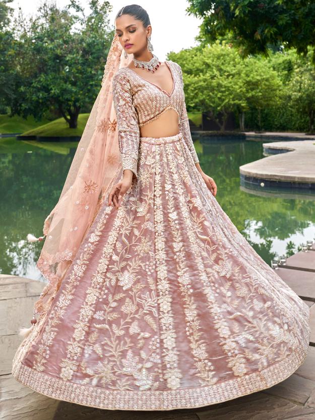 Organza Lucknowi Type Work Using White Color Sequins & Zarkans Heavy Embroidered Semi-Stitched Lehenga choli