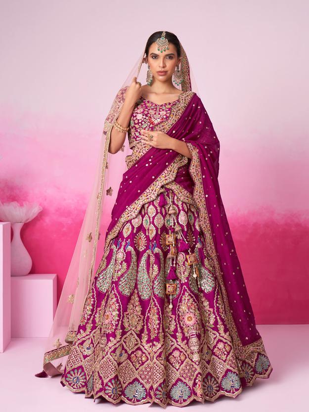 Pure Silk Fully Embroidered Using Moti,Sequin & Multicolor Thread Bridal Semi Stitched Lehenga with Double Dupatta