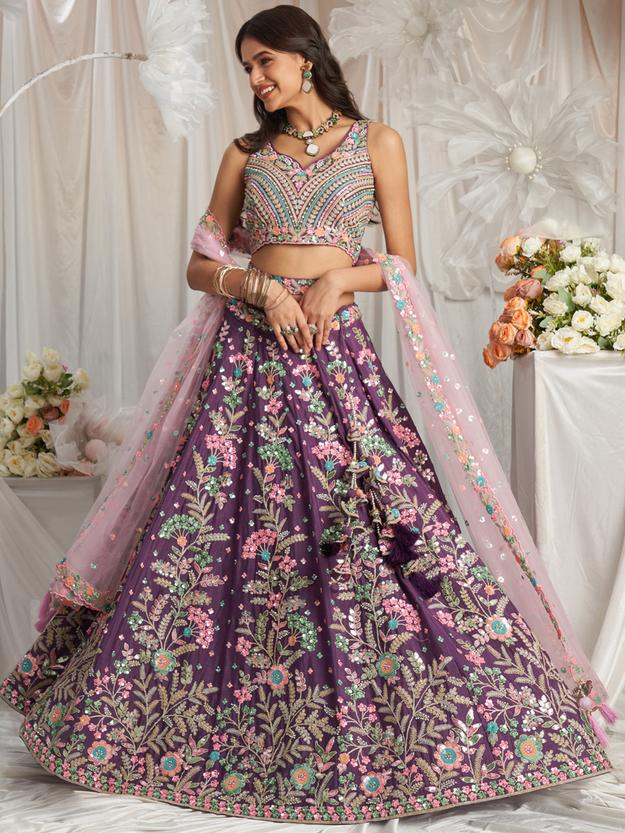 Multi-Color Sequined,Thread & Zarkan Embroidered Pure Georgette Semi-Stitched Lehenga choli