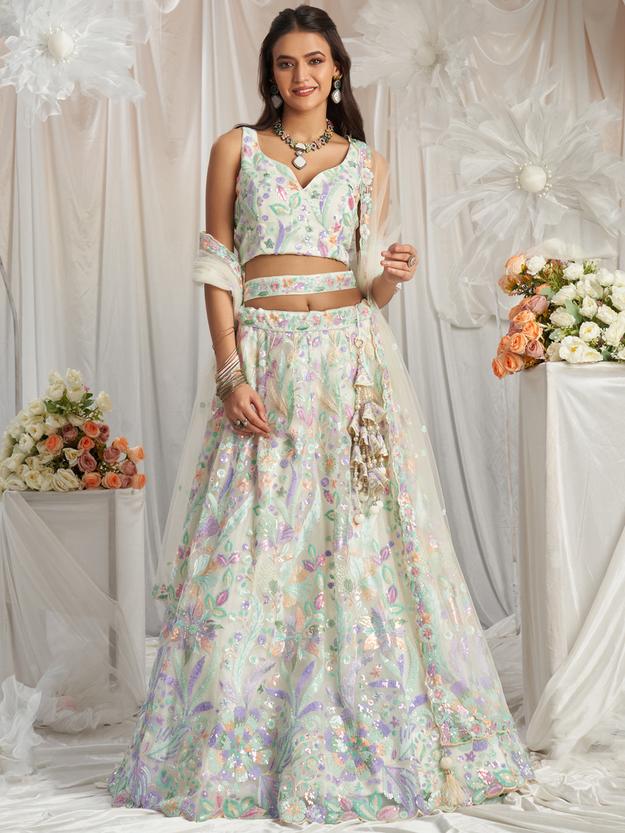 Multi-Color Pastel Sequins Work Net Semi-Stitched Lehenga Choli