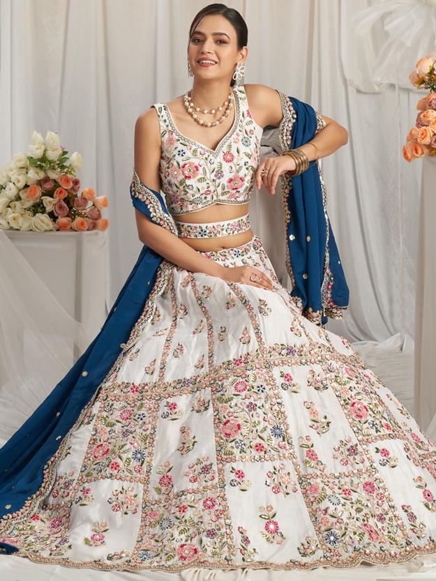 White Pure Georgette Sequins, Moti, Mirror and Thread Embroidered Semi-Stitched Lehenga