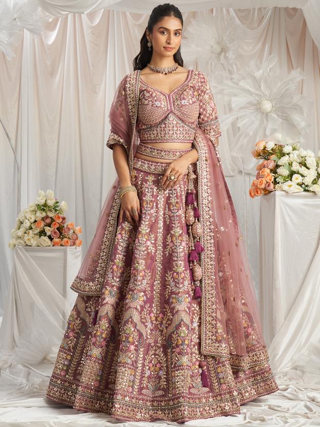 Bridal Net Heavy Embroidered Gotta Patti Work Using Golden Sequins,Mirror,Moti and Multi-Thread Semi-Stitched Lehenga