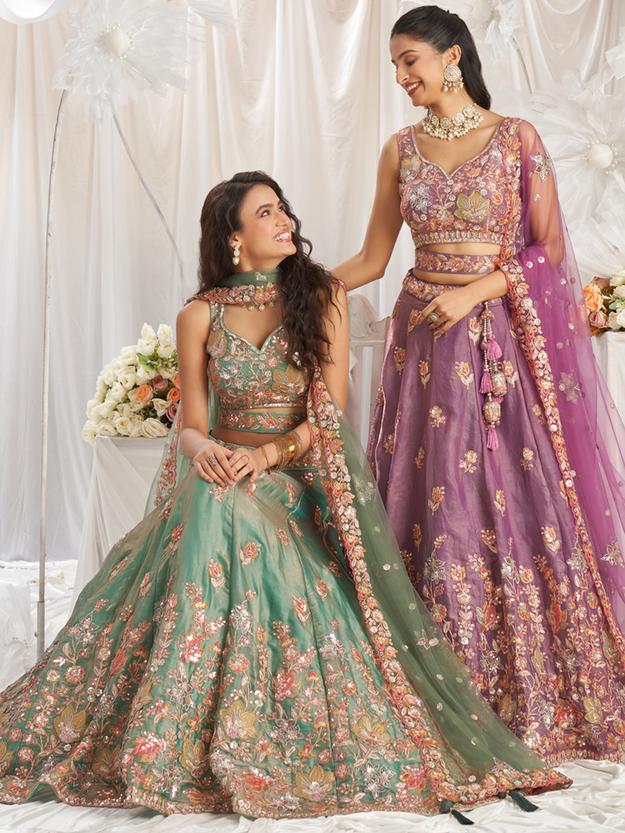 Organza Patch type work Embroidered Using Golden Color Sequin,Multi-Thread Semi-Stitched Lehenga Choli