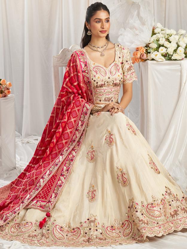 Cream Color Gotta Patti Work Using Golden Sequined,Thread & Coding Embroidered Golden Tissue Semi-Stitched Lehenga choli with Contrast Bandhani Dupatta