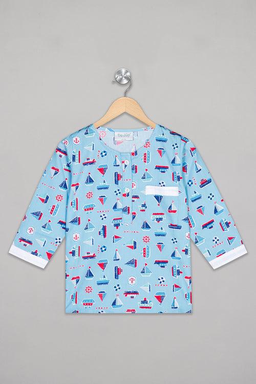 Blue Sailing Boats Kurta Pj Set