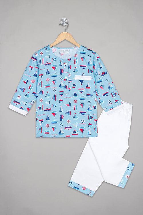 Blue Sailing Boats Kurta Pj Set